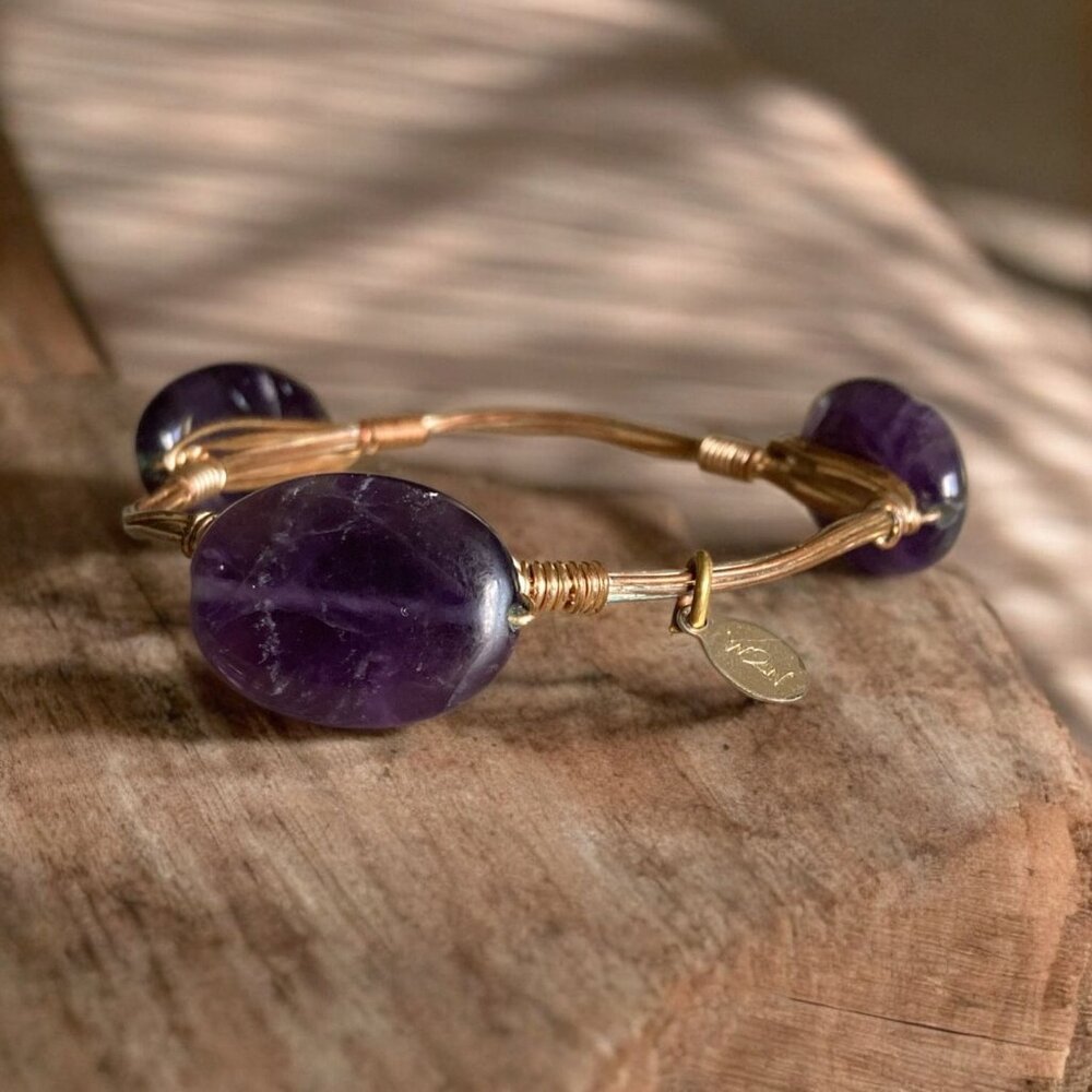 Purple Amethyst Stone & Gold Tone Wire Wrapped Bangle Bracelet For Women Gift